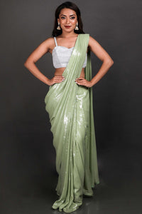Halena Light Green Viscose Georgette Sequins Ready to Wear One Minute Saree